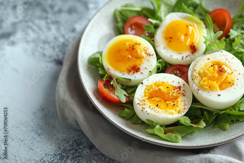 tasty breakfast boiled eggs with green salad, tomato and free space, close up