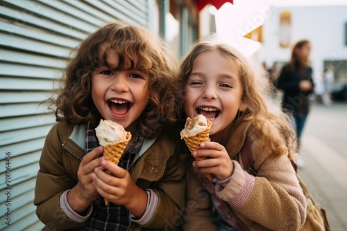 Young girls eating ice cream and laughing