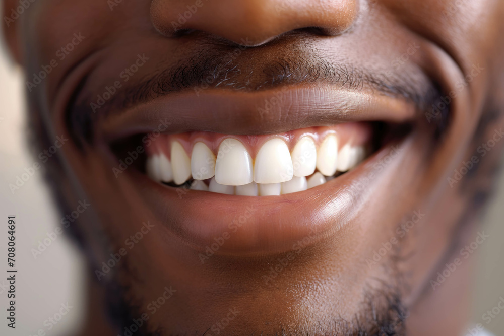 Fototapeta premium Close up view of beaming white wide male smile, african black man with healthy straight clean teeth, tooth health care whitening dentistry concept