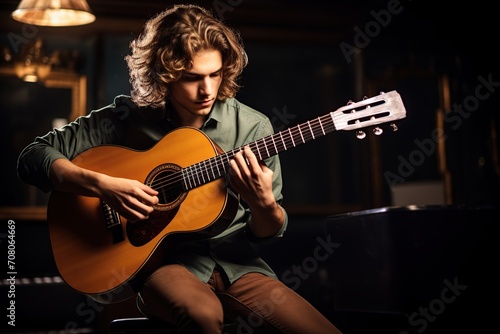 Young man playing guitar in living room