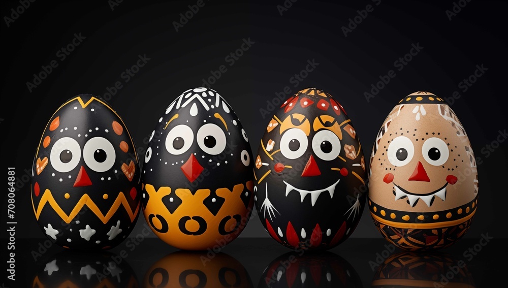 A set of whimsically decorated Easter eggs with cartoonish faces and patterns on a reflective surface A set of whimsically decorated Easter eggs with cartoonish faces and patterns on a reflective surface