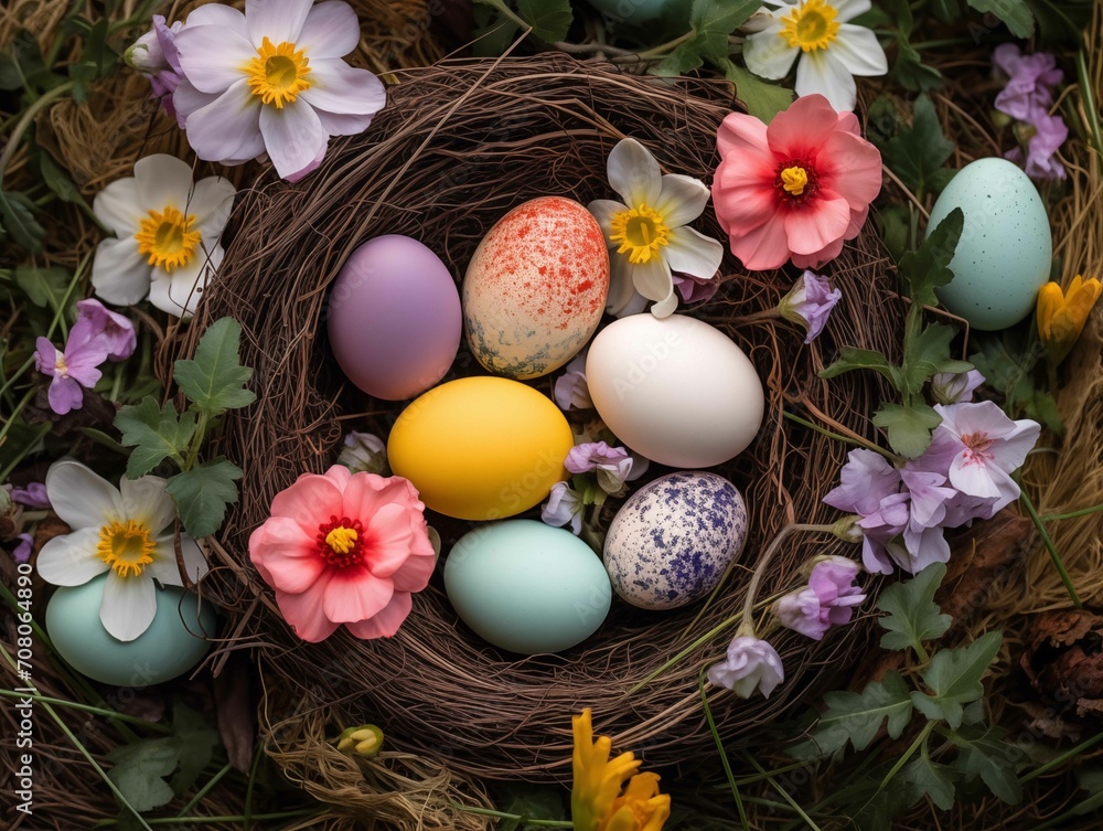 A nest filled with colorful Easter eggs nestled among spring flowers and grass, symbolizing renewal and celebration A nest filled with colorful Easter eggs nestled among spring flowers and grass, symbolizing renewal and celebration