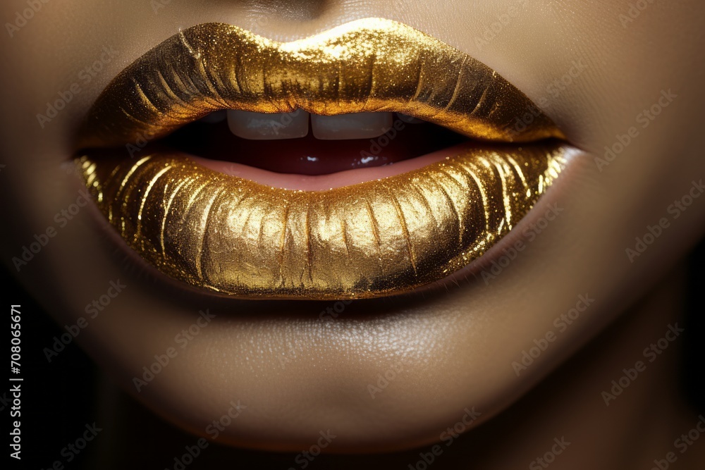 Women's lips close-up with gold lipstick, sexy lips Women's lips close-up with gold lipstick, sexy lips
