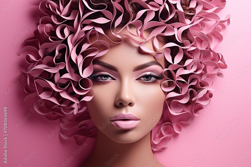 Portrait of a beautiful young woman with pink flowers in hair, Ai Generated