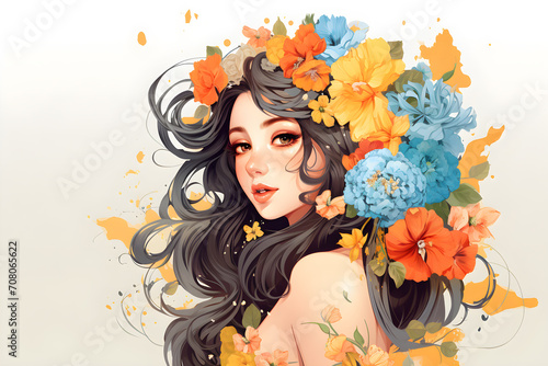 Portrait of a beautiful girl with long black hair and flowers  Women s Day  Ai Generated