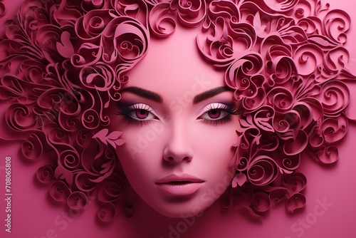 Portrait of beautiful woman with pink make-up and curly hair, Ai Generated