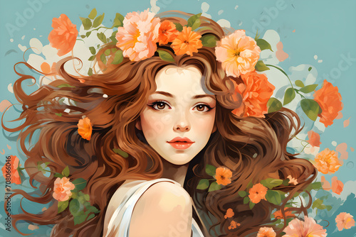 Portrait of beautiful young woman with long curly hair and flowers, Ai Generated