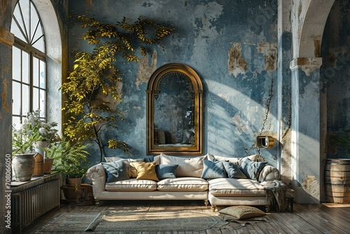 Living room nterior with sofa, mirror and ficus photo