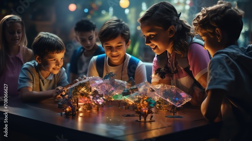 Group of children playing with plastic model of a city at night