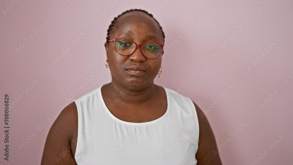 Cool, relaxed, plus size african american woman with braids, standing seriously over isolated pink background, expressing lifestyle Cool, relaxed, plus size african american woman with braids, standing seriously over isolated pink background, expressing lifestyle