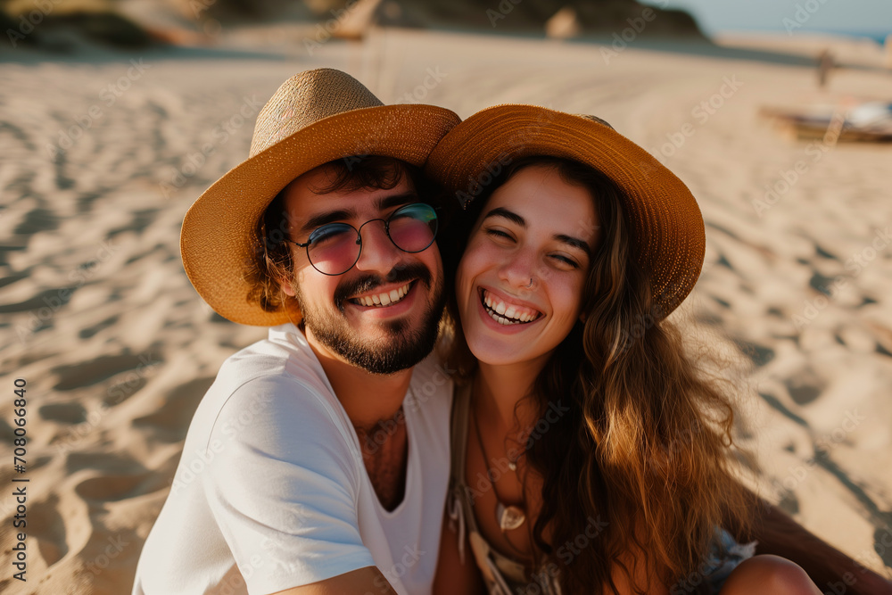 Foto de una pareja feliz disfrutando dia de sol en la playa. Generativa IA