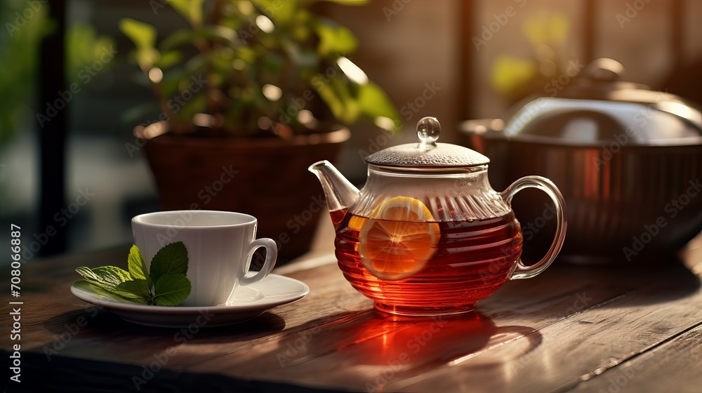Drinks, dessert, and a kettle are served at a cafe on the street. a cup of tea is on the table while breakfast includes tea and cakes. Drinks, dessert, and a kettle are served at a cafe on the street. a cup of tea is on the table while breakfast includes tea and cakes.