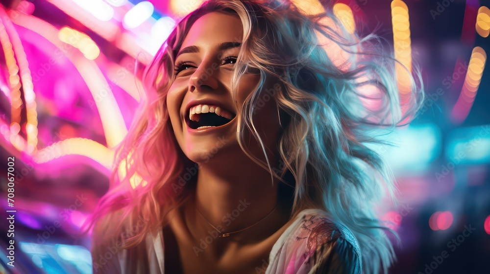 Woman with long blond hair on a background of colorful lights Woman with long blond hair on a background of colorful lights