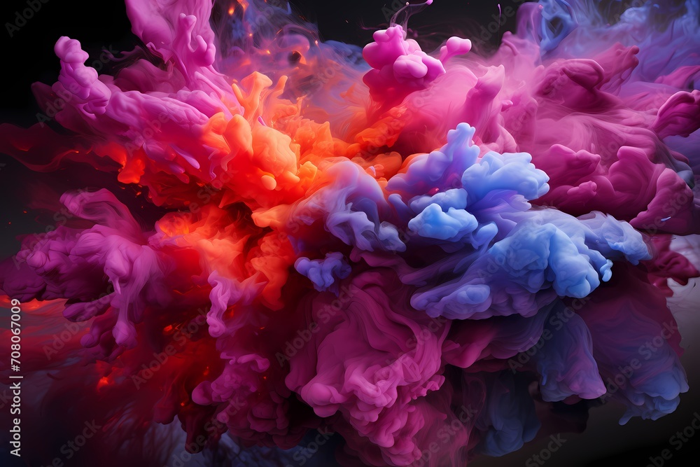 A collision of molten silver and intense magenta liquids, exploding with dramatic energy and creating an abstract visual feast, skillfully captured by an HD camera