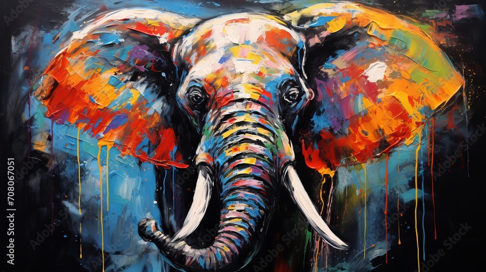 On canvas, there is an oil portrait painting of an elephant in multicolored tones. also, there is a conceptual abstract abstract painting of an elephant on a black background. - obrazy, fototapety, plakaty 