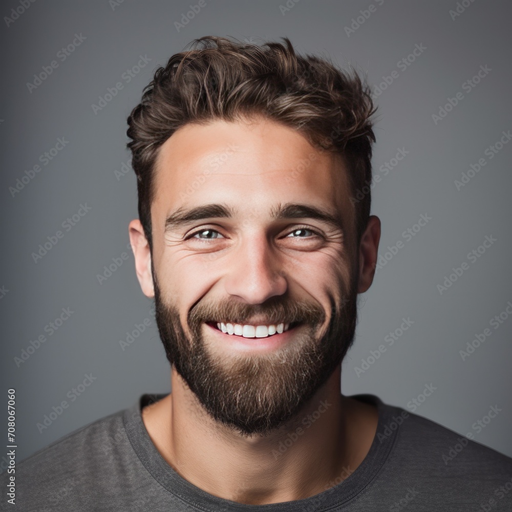 Portrait Headshot of a Happy Man with a Beard on a Grey Background Portrait Headshot of a Happy Man with a Beard on a Grey Background