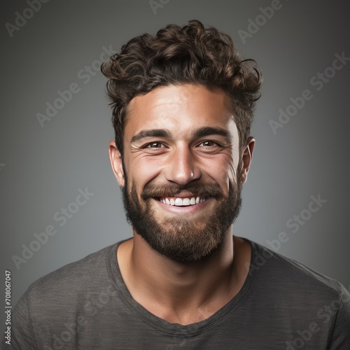 Portrait Headshot of a Happy Man with a Beard on a Grey Background