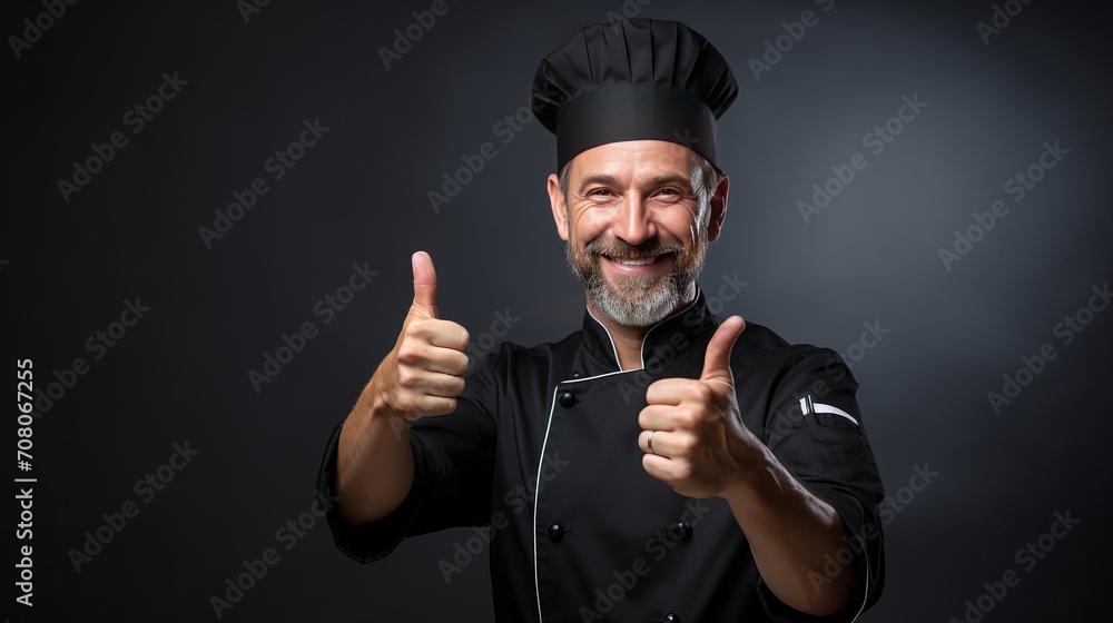 What appears to be an approval gesture is being made by a male cook wearing a black uniform and latex gloves. What appears to be an approval gesture is being made by a male cook wearing a black uniform and latex gloves.