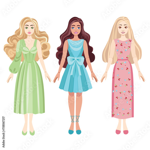 Fashion dolls set with clothes and shoes. Vector