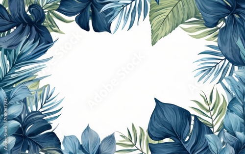 sfondo tappezzeria di foglie e piante tropicali dalle tonalità blu con spazio per scrivere photo