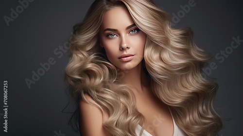 The portrait depicts a woman with dark blonde hair who has elegant wavy long hairstyles and exquisite makeup.