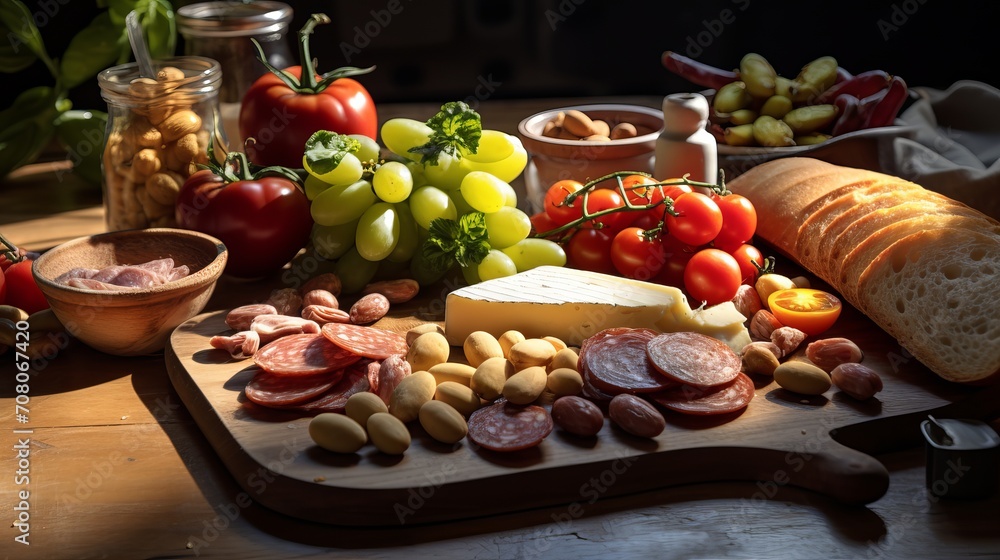 A breakfast meal consisting of tea, sliced cheese, olives, and sausages.