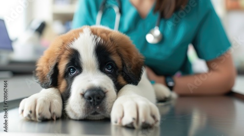 A photo of a cute St. Bernard puppy at a veterinary clinic photo