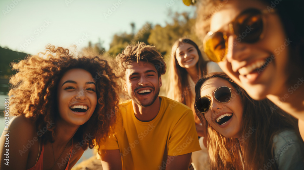 A joyful group of young friends is captured in a candid moment outdoors in the warm glow of sunset. Their genuine smiles and relaxed postures evoke sense of happiness and enduring bonds of friendship.