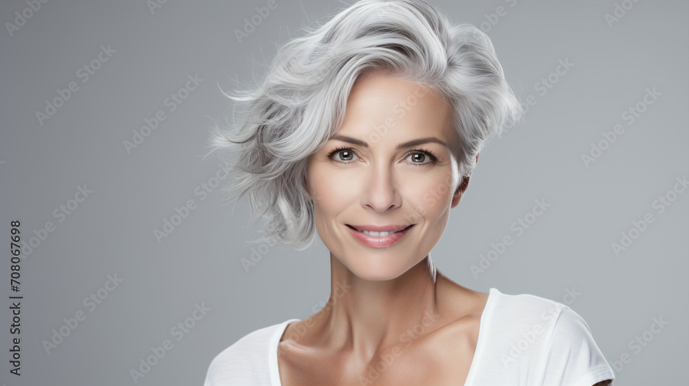 Graceful mature woman with stylish short grey hair, radiating confidence and a serene poise against a clean, grey background. Concept of timeless beauty and sophistication