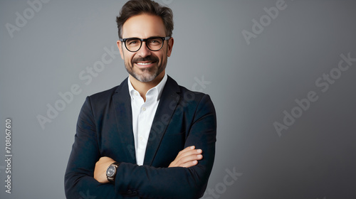 A sophisticated man with a warm smile and fashionable eyewear stands confidently with his arms crossed against a grey backdrop, exuding professionalism and approachability