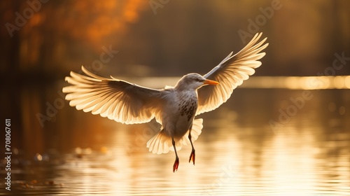 A close-up of a bird flying in front of a blurred background. © Akbar