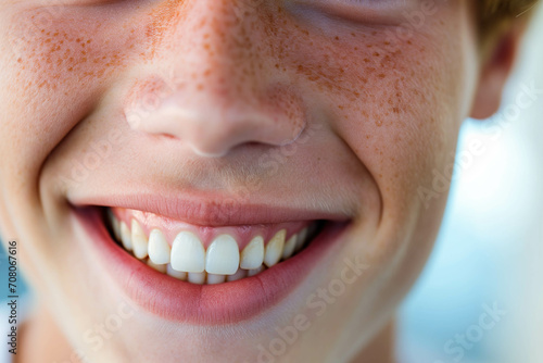 Beautiful wide smile of young man with healthy white teeth and freckles on his face.