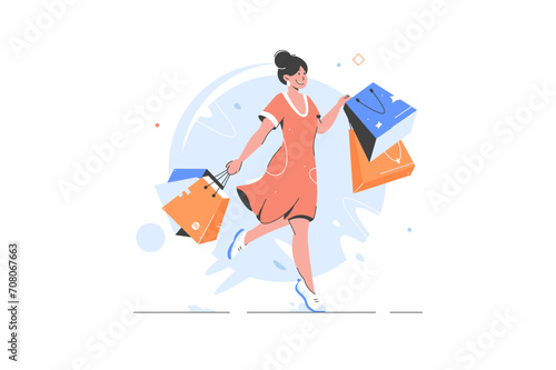 Shopping woman holding bags. Overjoyed young woman with numerous packages excited with shopping on sales. Smiling girl happy with purchases. Shopaholic, consumerism. Vector flat illustration photo