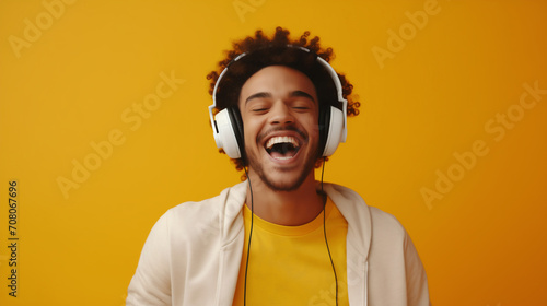 A young man exudes an infectious energy and joy, laughing heartily with closed eyes while wearing a over-ear headphones isolated on yellow, a moment of musical bliss and carefree abandon.