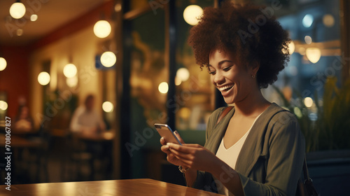 A radiant young woman with curly hair is engrossed in her smartphone at a cozy cafe. The scene suggests modern connectivity and the joy of social media in a relaxed setting. photo