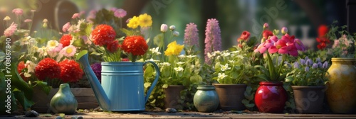 Beautiful colorful variety of spring and summer flowers in pots and a watering can on the patio, banner