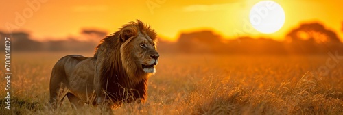 big five wildlife safari, a majestic lion in african sunset savannah photo