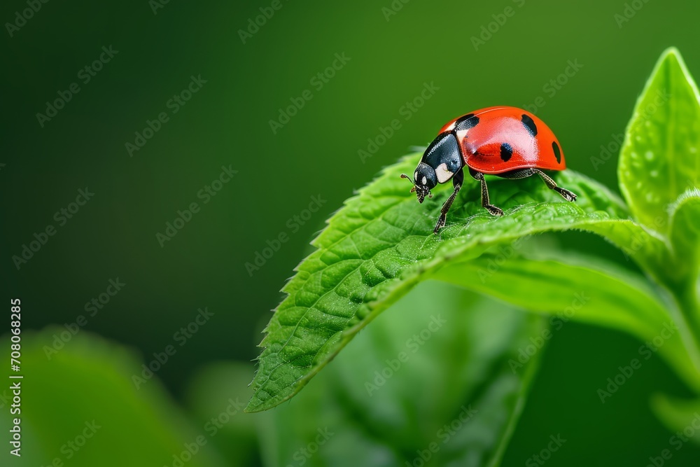 A close-up of a ladybug delicately perched on a young leaf, shot against a blurred background of lush greenery. The vivid red and black color contrast draws A close-up of a ladybug delicately perched on a young leaf, shot against a blurred background of lush greenery. The vivid red and black color contrast draws