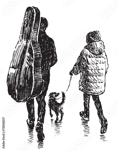Hand drawing of little girl with her dog and musician parent carrying cello in a case walking together under umbrella along city street, isolated on white vector illustration
