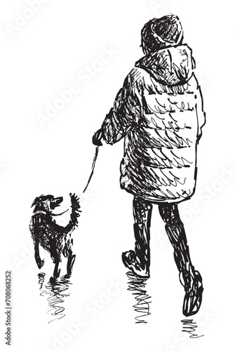 Hand drawn vector illustration of casual little city girl with pet walking outdoors together
