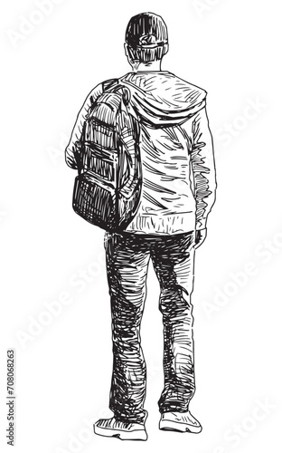 Hand drawing of silhouette casual citizen pedestrian with backpack walking outdoors alone,vector sketch isolated on white
