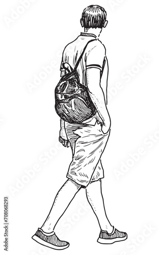 Outline hand drawing of casual citizen pedestrian with backpack walking outdoors alone on summer day, vector illustration isolated on white