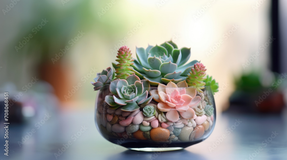 A glass bowl with succulents and rocks