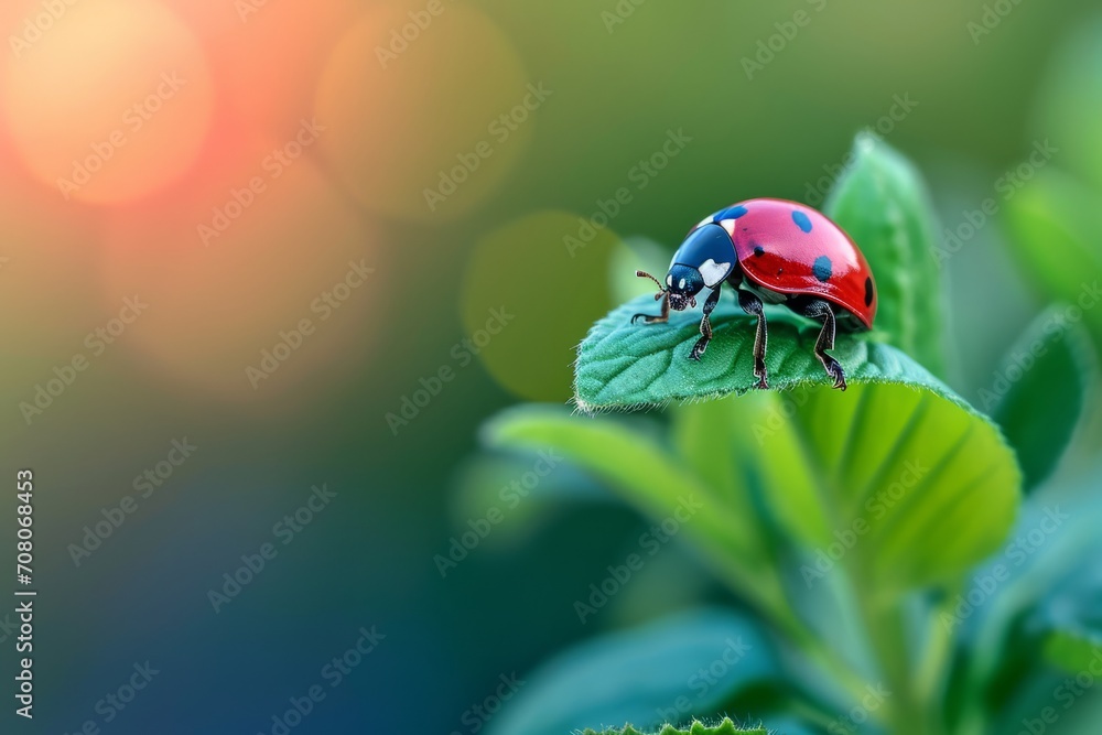 Obraz premium A close-up of a ladybug delicately perched on a young leaf, shot against a blurred background of lush greenery. The vivid red and black color contrast draws