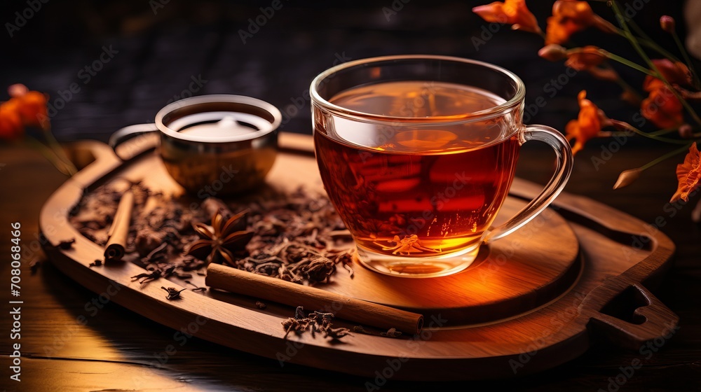 A wooden cutting board is used to hold a glass cup of hot tea and dried flowers