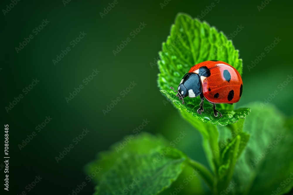 Naklejka premium A close-up of a ladybug delicately perched on a young leaf, shot against a blurred background of lush greenery. The vivid red and black color contrast draws