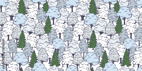Seamless vector pattern of abstract drawn fir and different deciduous trees in winter snowy forest, background for paper,wallpaper,textile