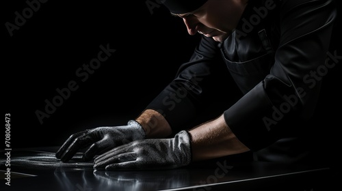 Black latex gloves are placed on the hands of the chef in a black shirt and apron before preparing food, and the background is black.