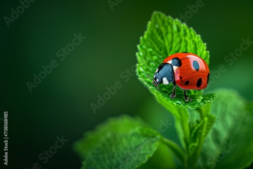 A close-up of a ladybug delicately perched on a young leaf, shot against a blurred background of lush greenery. The vivid red and black color contrast draws