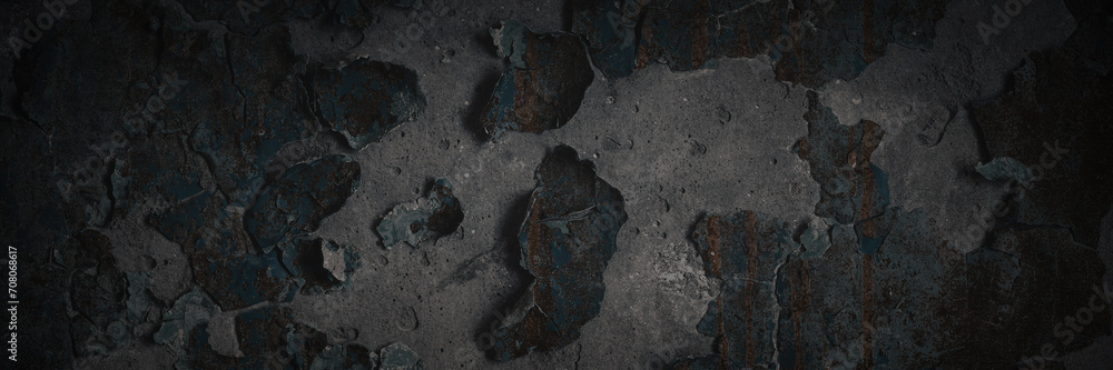 Dark wide panoramic background. Peeling paint on a concrete wall. Dark grunge texture of old cracked flaking paint. Weathered rough painted surface. Patterns of cracks. Darkness background for design. - obrazy, fototapety, plakaty 